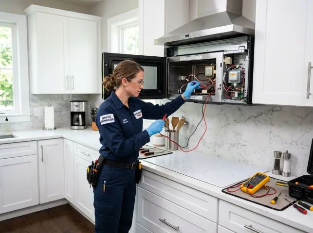 Appliance Repair Hero technician testing an over-the-range microwave in a Adna, WA kitchen
